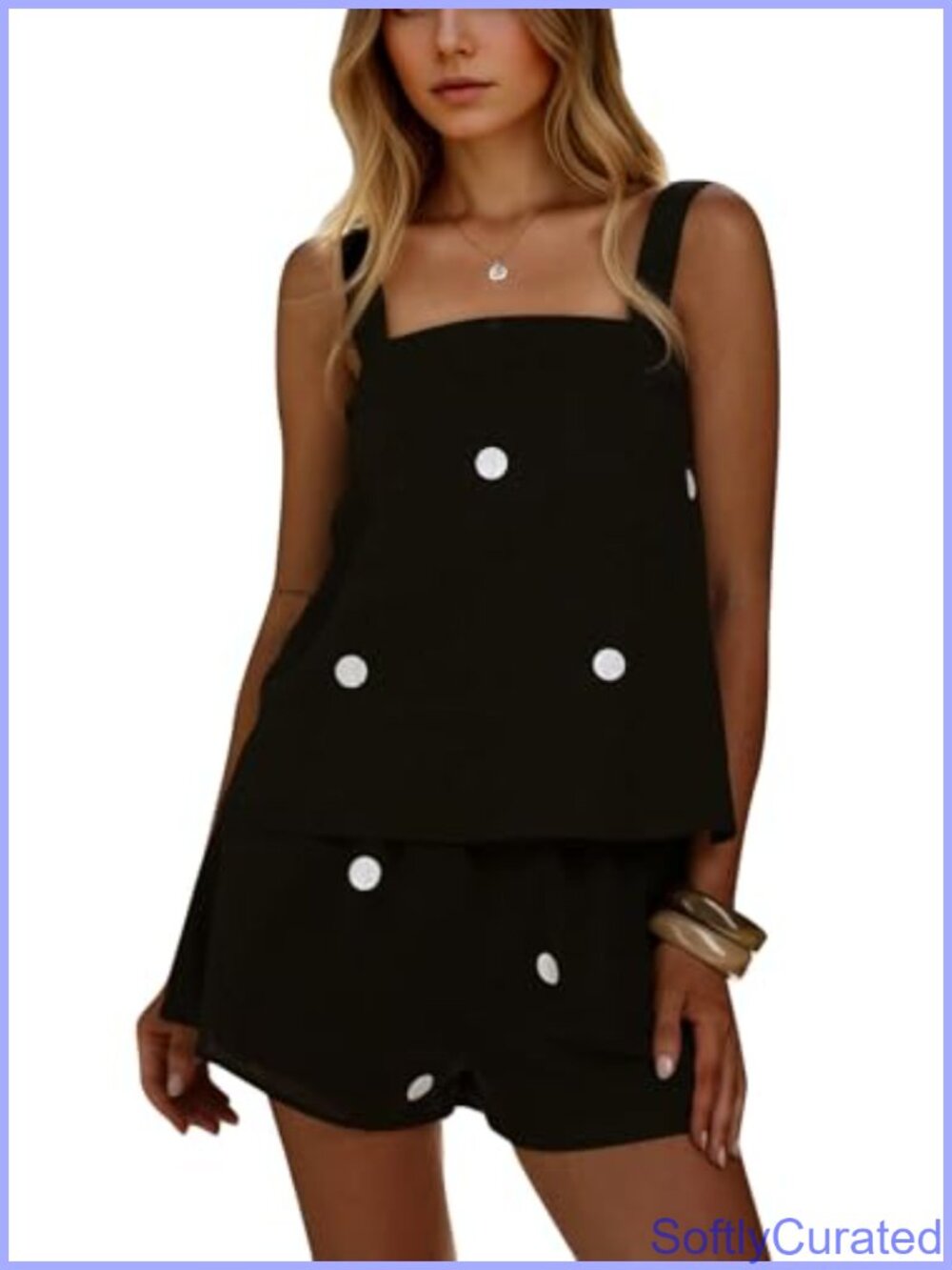 Women Polka Dot Tank Top Shorts Set Cotton Blend Square Neck 2 Piece